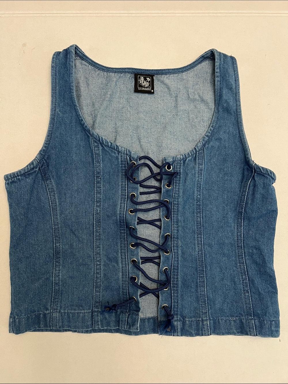 LA ARMARIO DENIM LACE UP FRONT COTTON SLEEVELESS WOMENS TOP SIZE SMALL